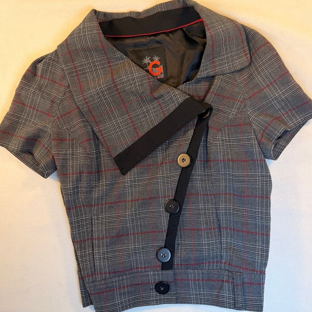 Guess Plaid Button Front Cropped Top Jacket Gray Black Red Small Y2K